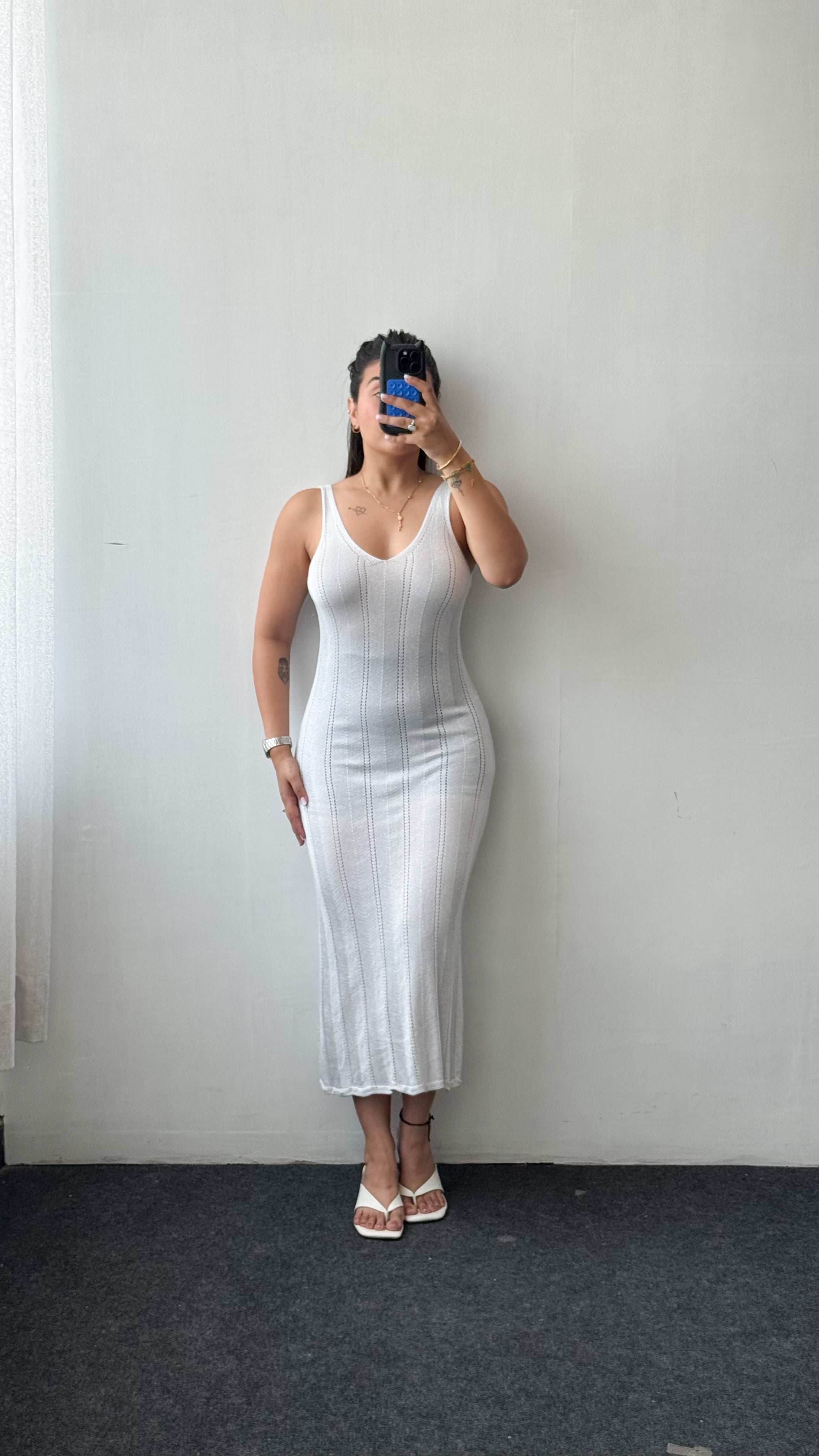 Size XS-S White Ribbed Bodycon Midi Dress