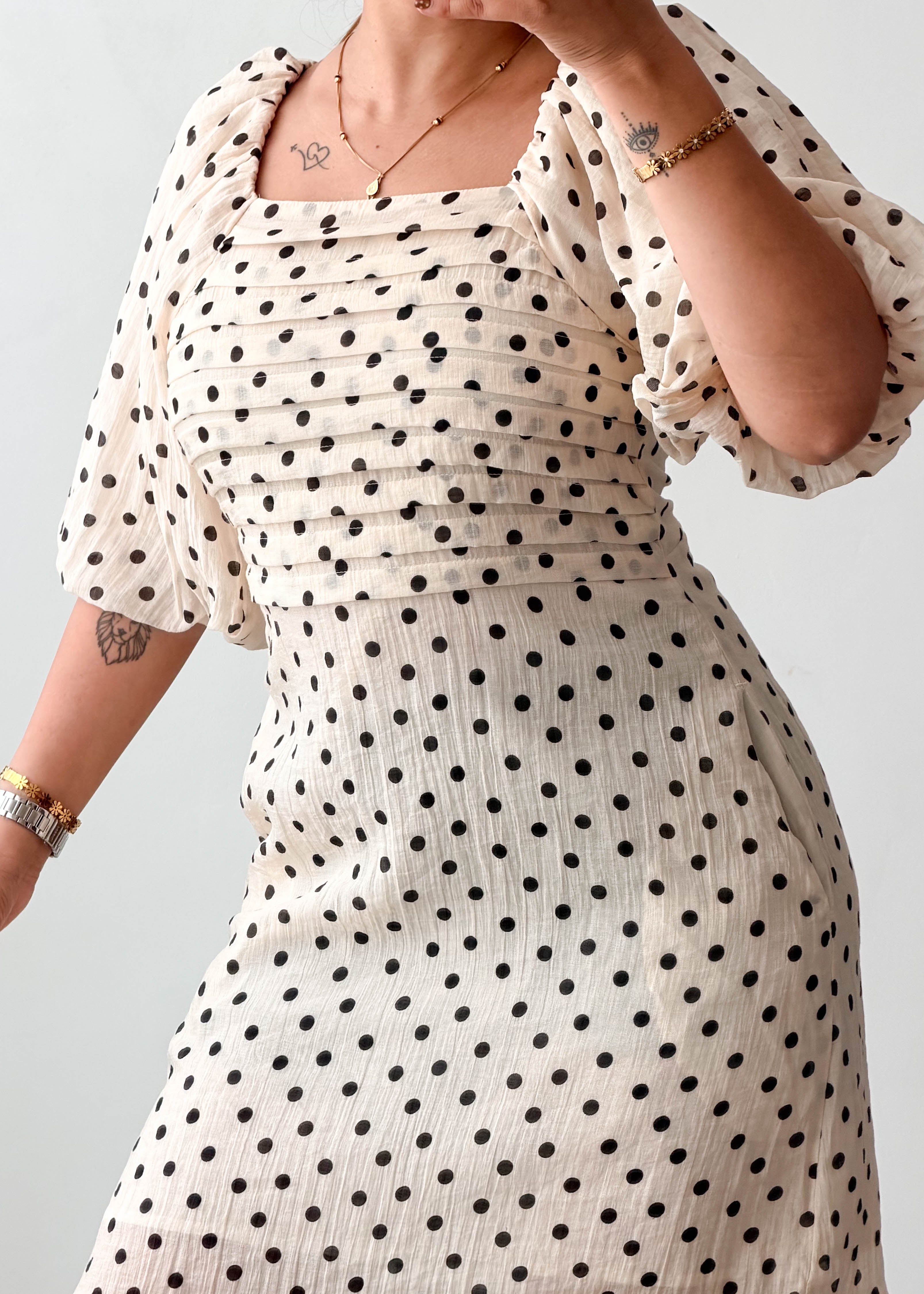 Size S-M Cream Black Polka Dot Puff Sleeve Dress