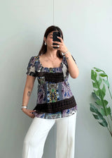 Size M-L, Boho Patchwork Smocked Peplum Top for Women - Closet by Payal