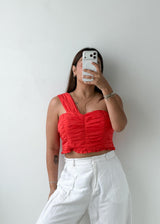 Size M Red Ruched One-Shoulder Top