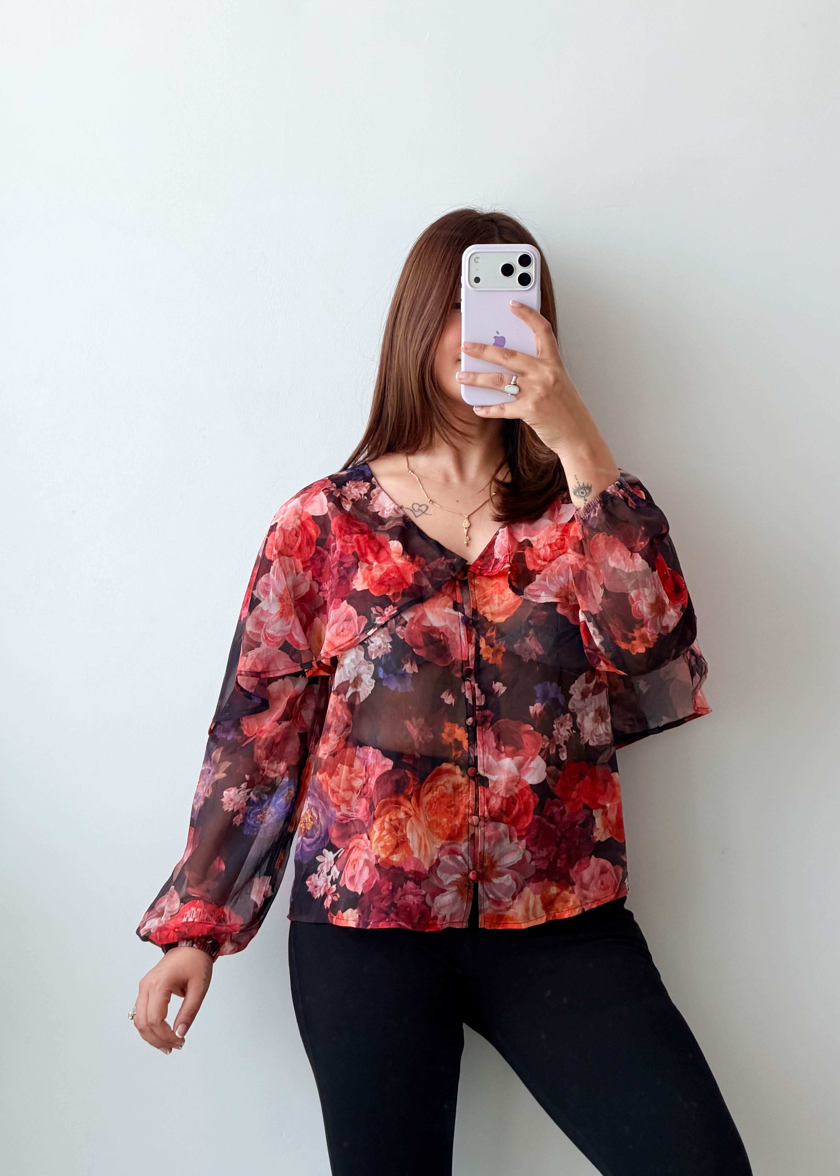 Size S-M Wine Floral Sheer Premium Top