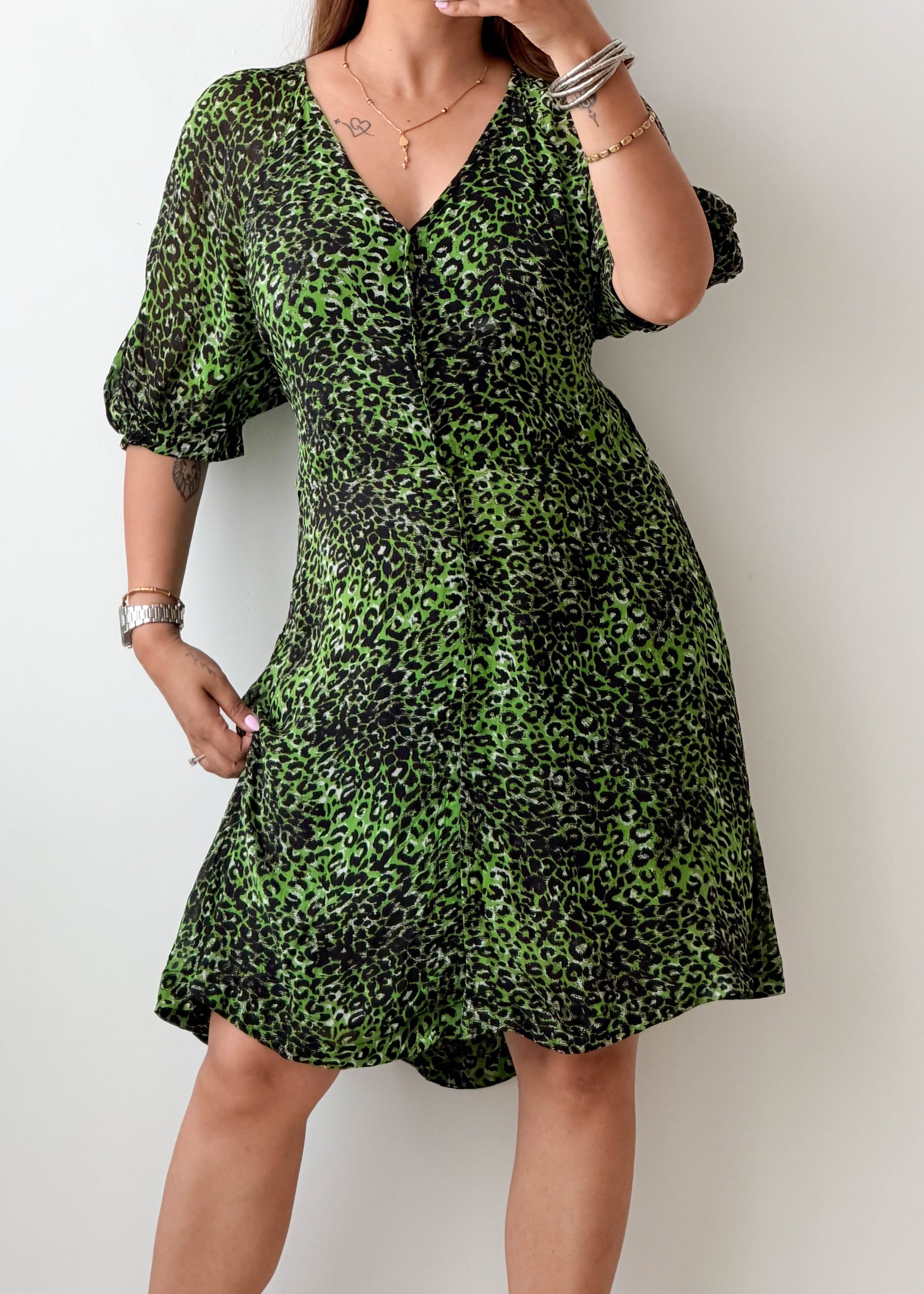Size L-XL Green Leopard Print Mini Dress