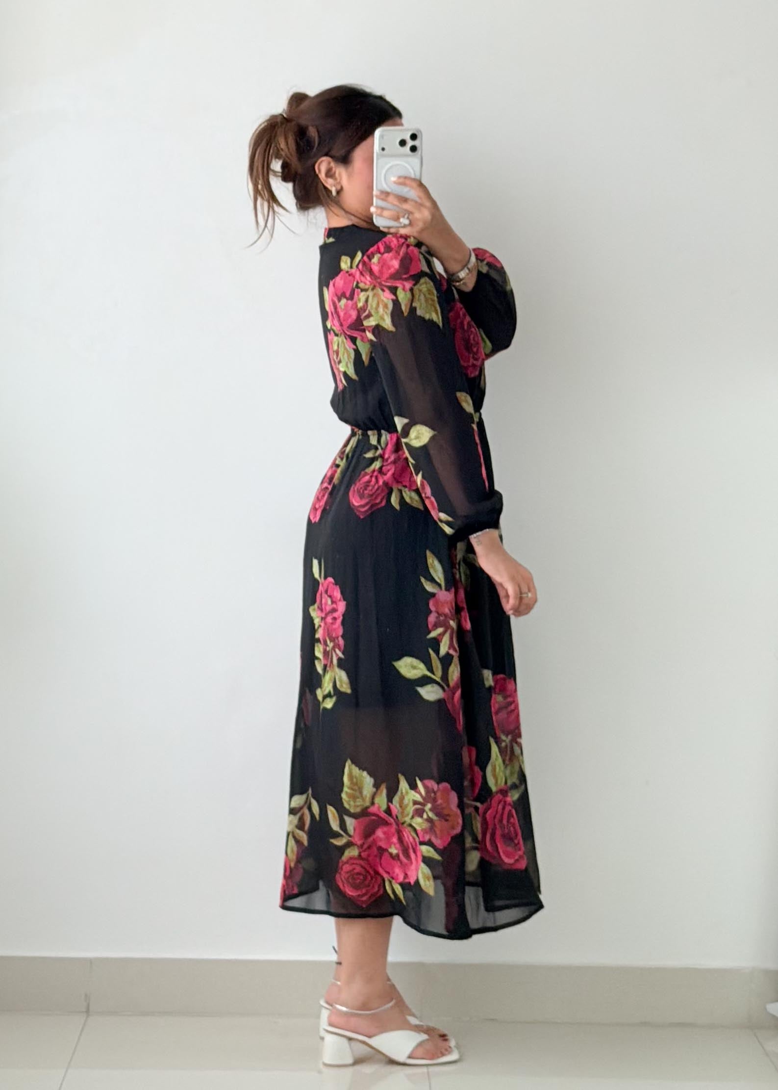 Size XS-S Black Floral Print Midi Dress