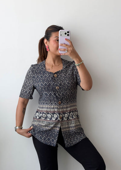 XS-S Grey Ethnic Print Cotton Voile Shirt Top