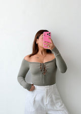 Size XS-S Sage Lace-Up Off-Shoulder Bodysuit