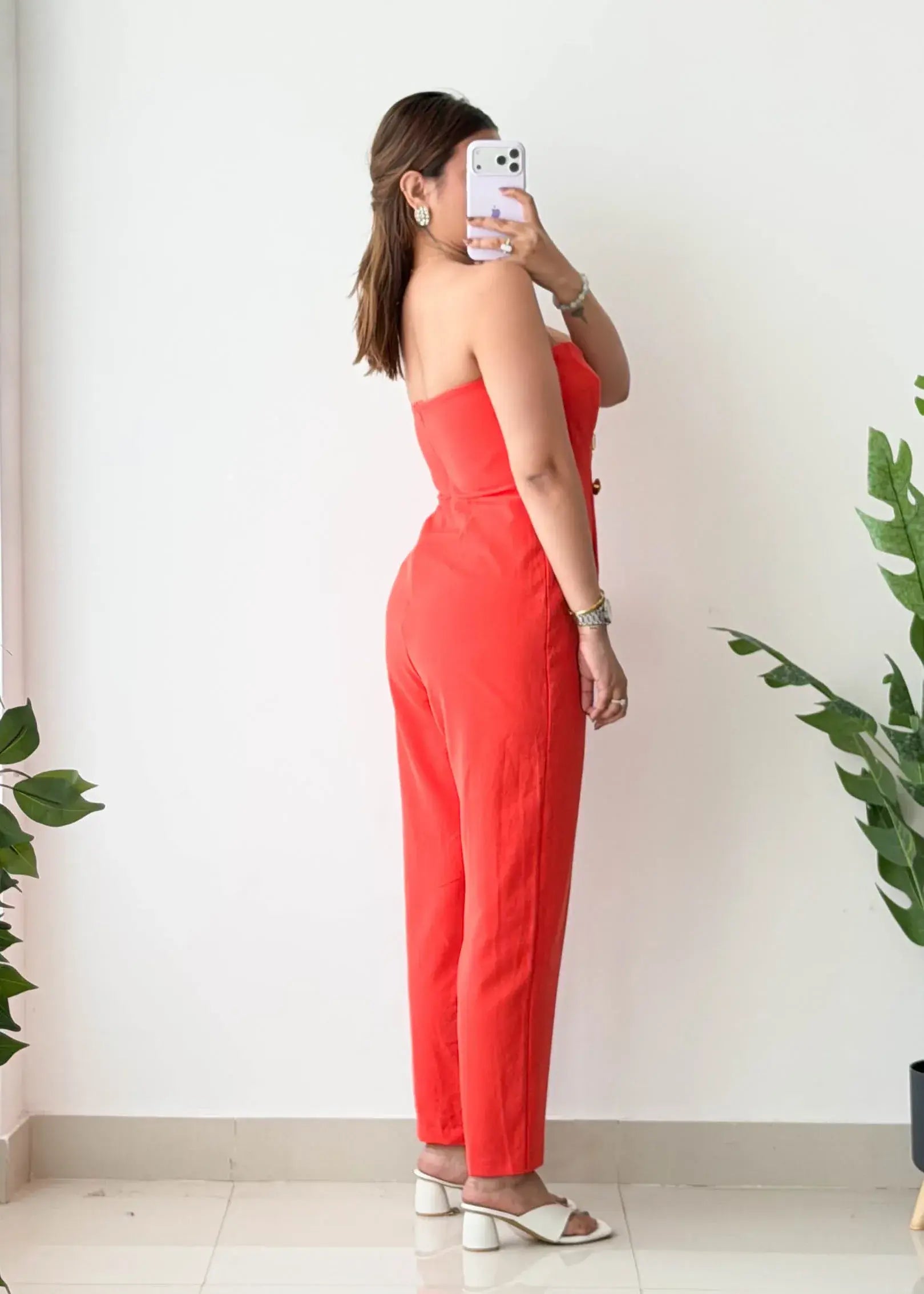 Size M-L, Red Strapless Jumpsuit - Closet by Payal