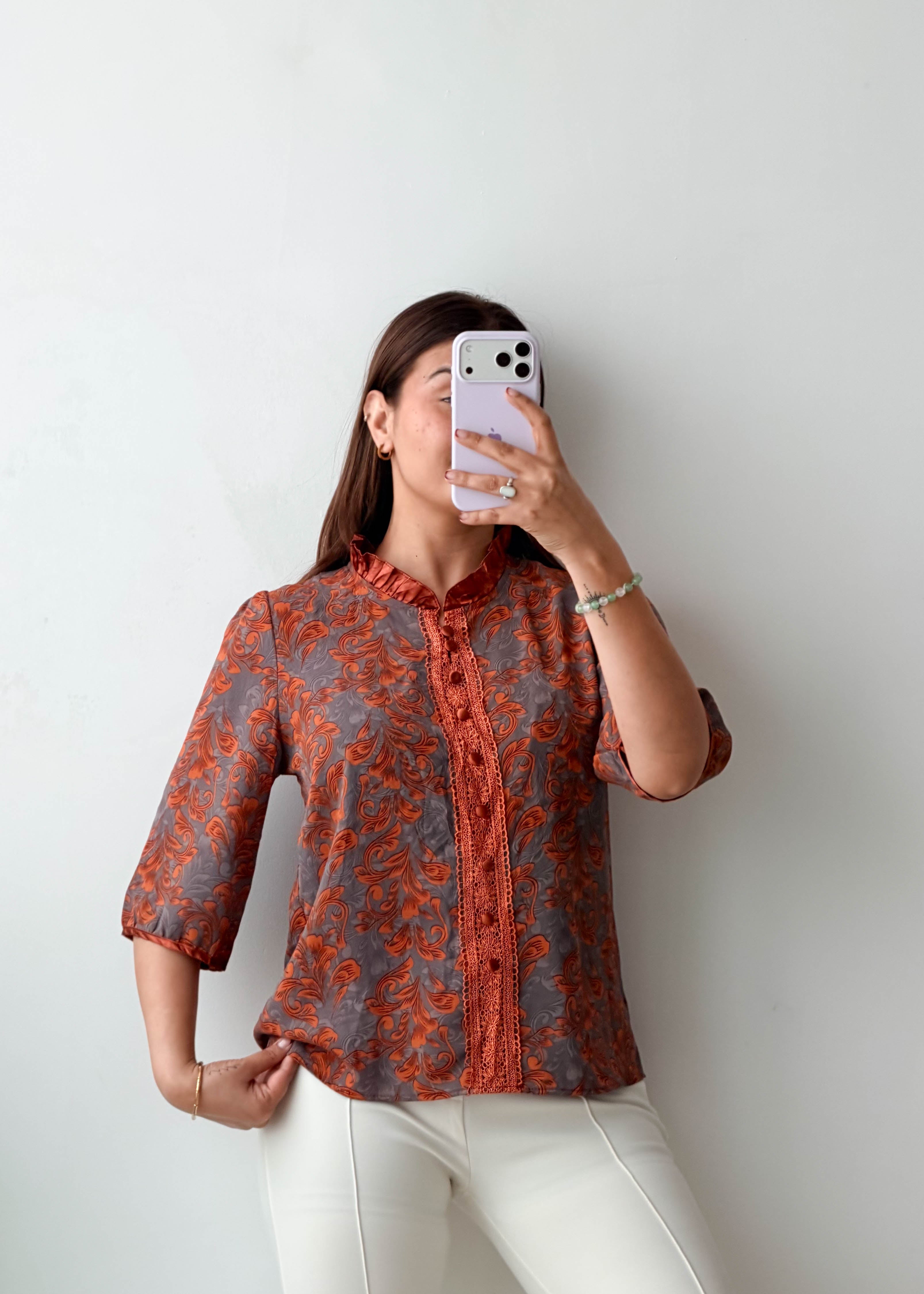 S-M Rust Paisley Mandarin Collar Top
