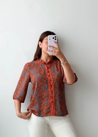 S-M Rust Paisley Mandarin Collar Top