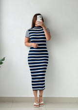 Size S-M Navy Multicolor Striped Ribbed Knit Midi Dress