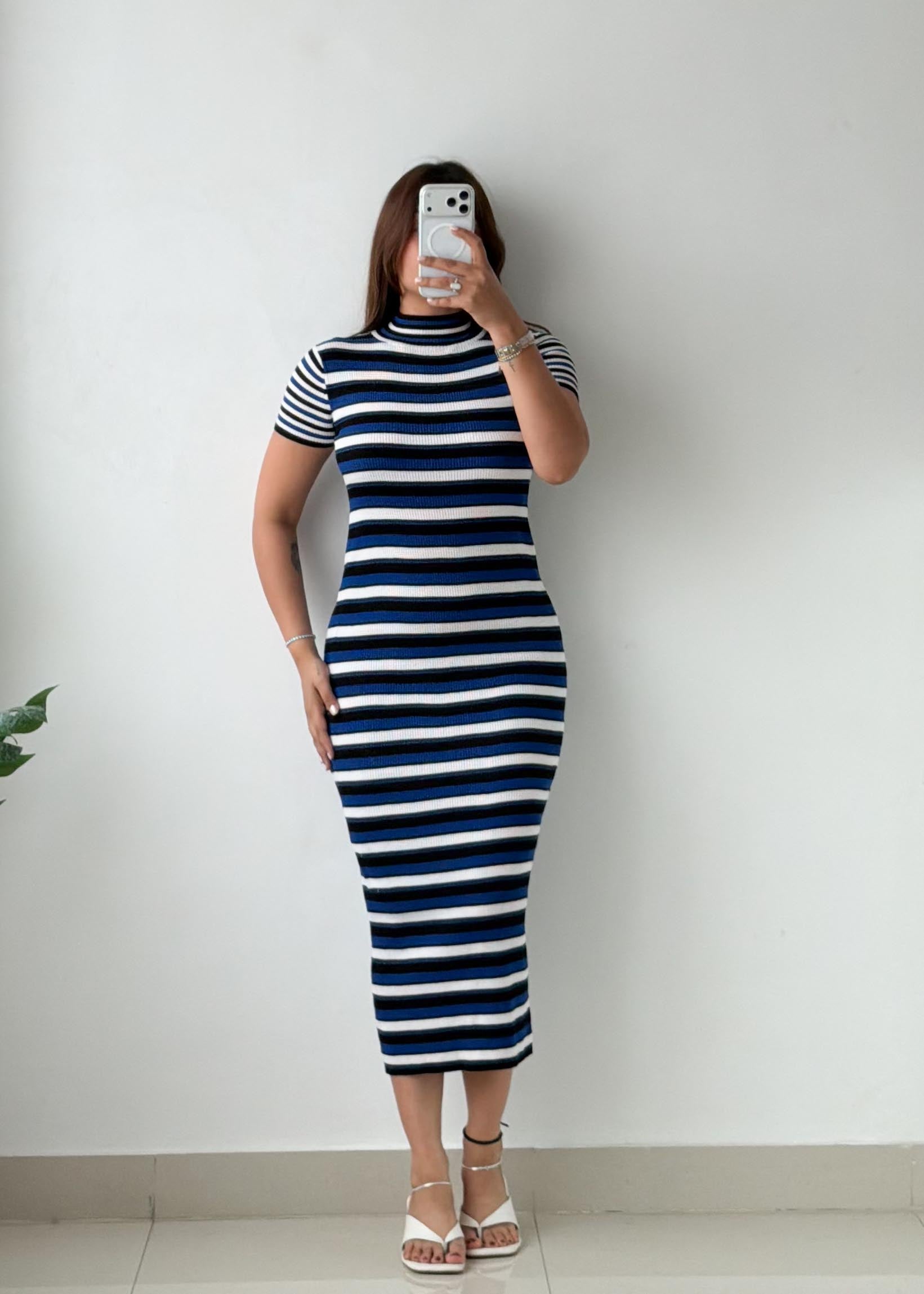 Size S-M Navy Multicolor Striped Ribbed Knit Midi Dress