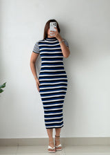 Size S-M Navy Multicolor Striped Ribbed Knit Midi Dress