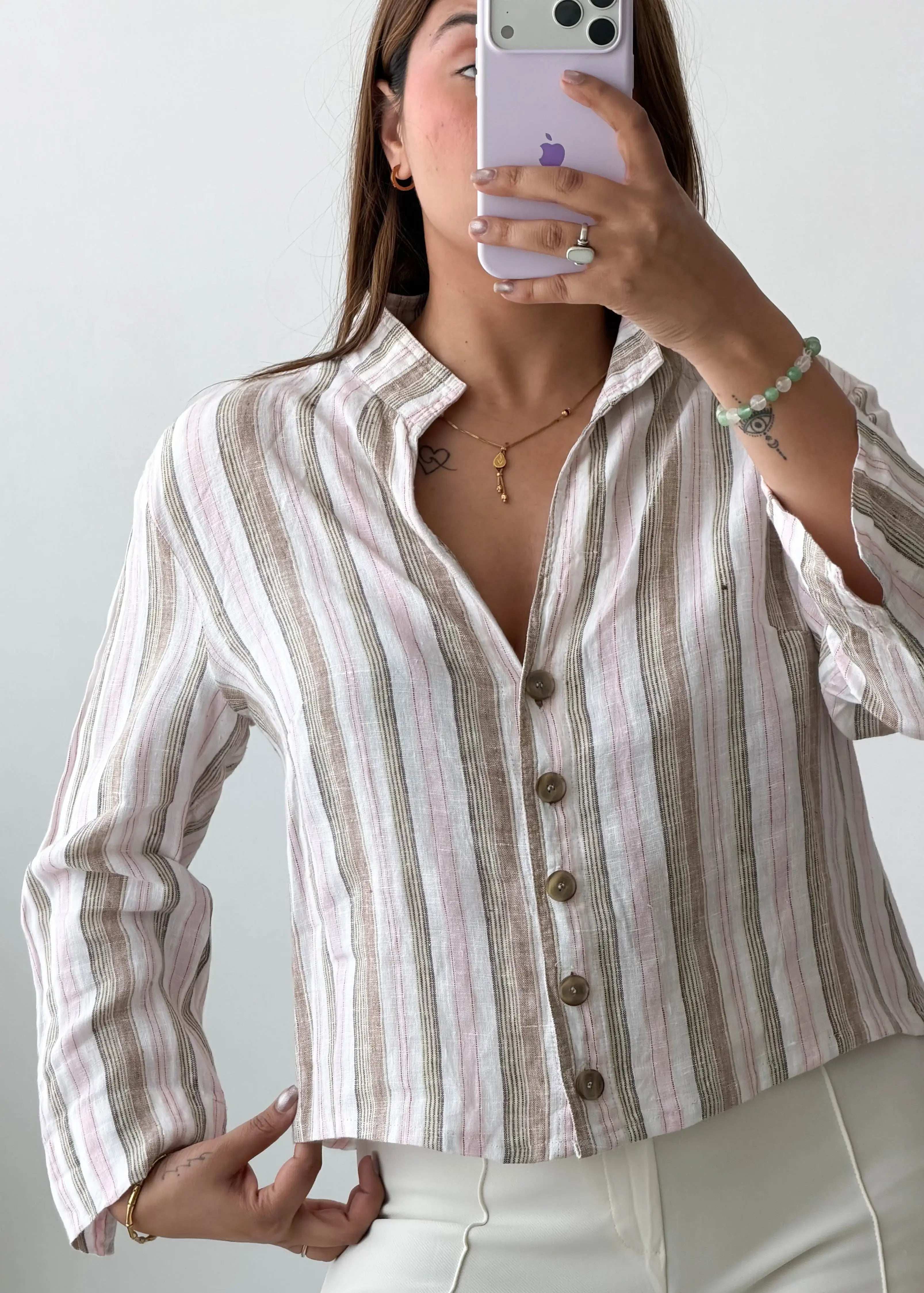 Size XS-S Beige Striped Button Shirt