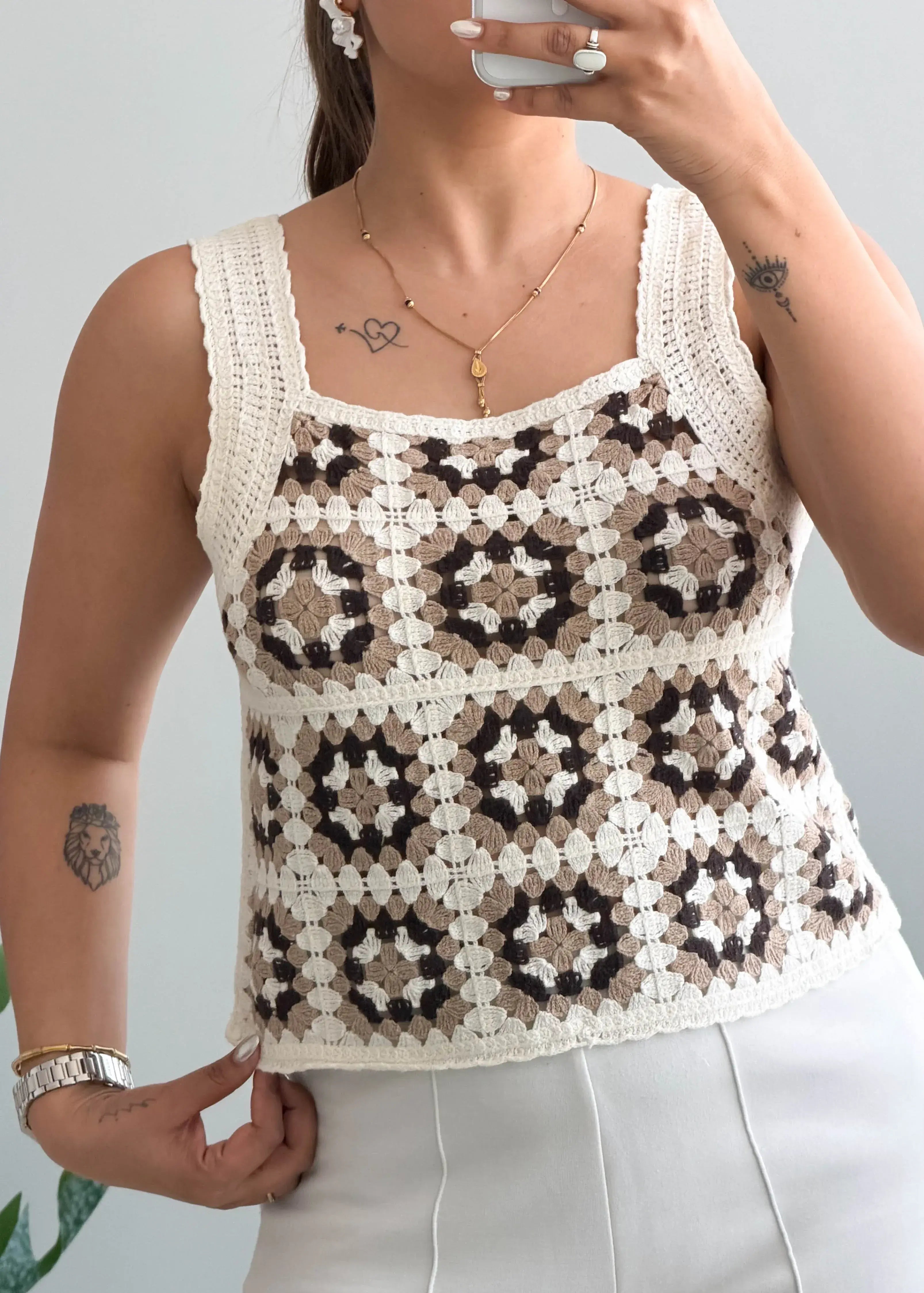 Size S-M, Cream Crochet Patchwork Tank Top - Closet by Payal