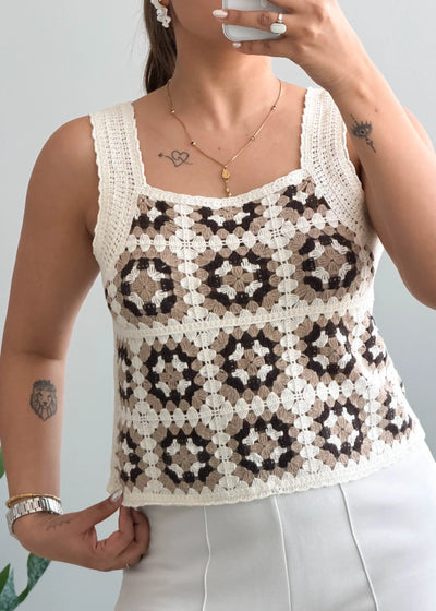 Size S-M, Cream Crochet Patchwork Tank Top - Closet by Payal