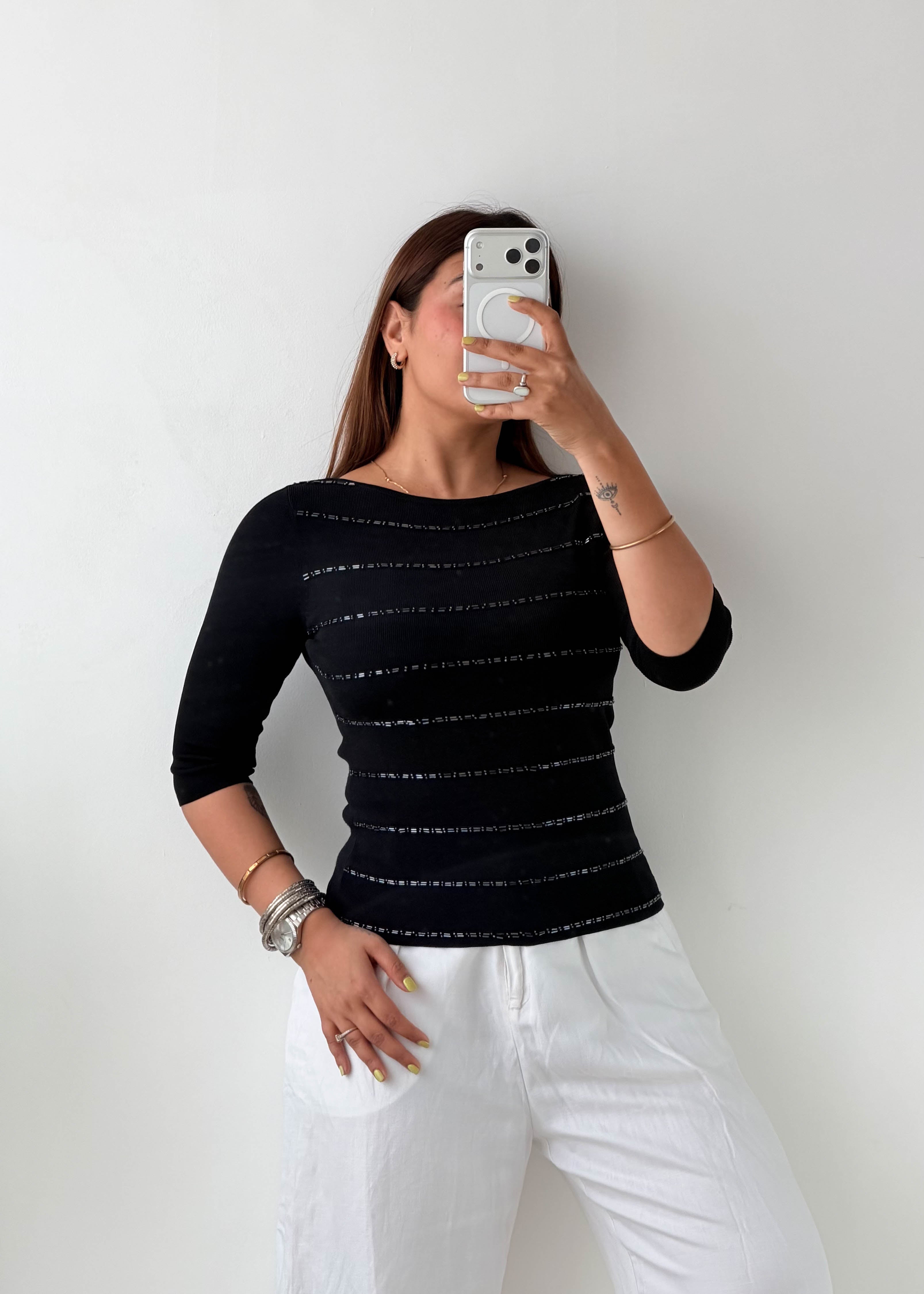 Size S-M Black Stripe Knit Top