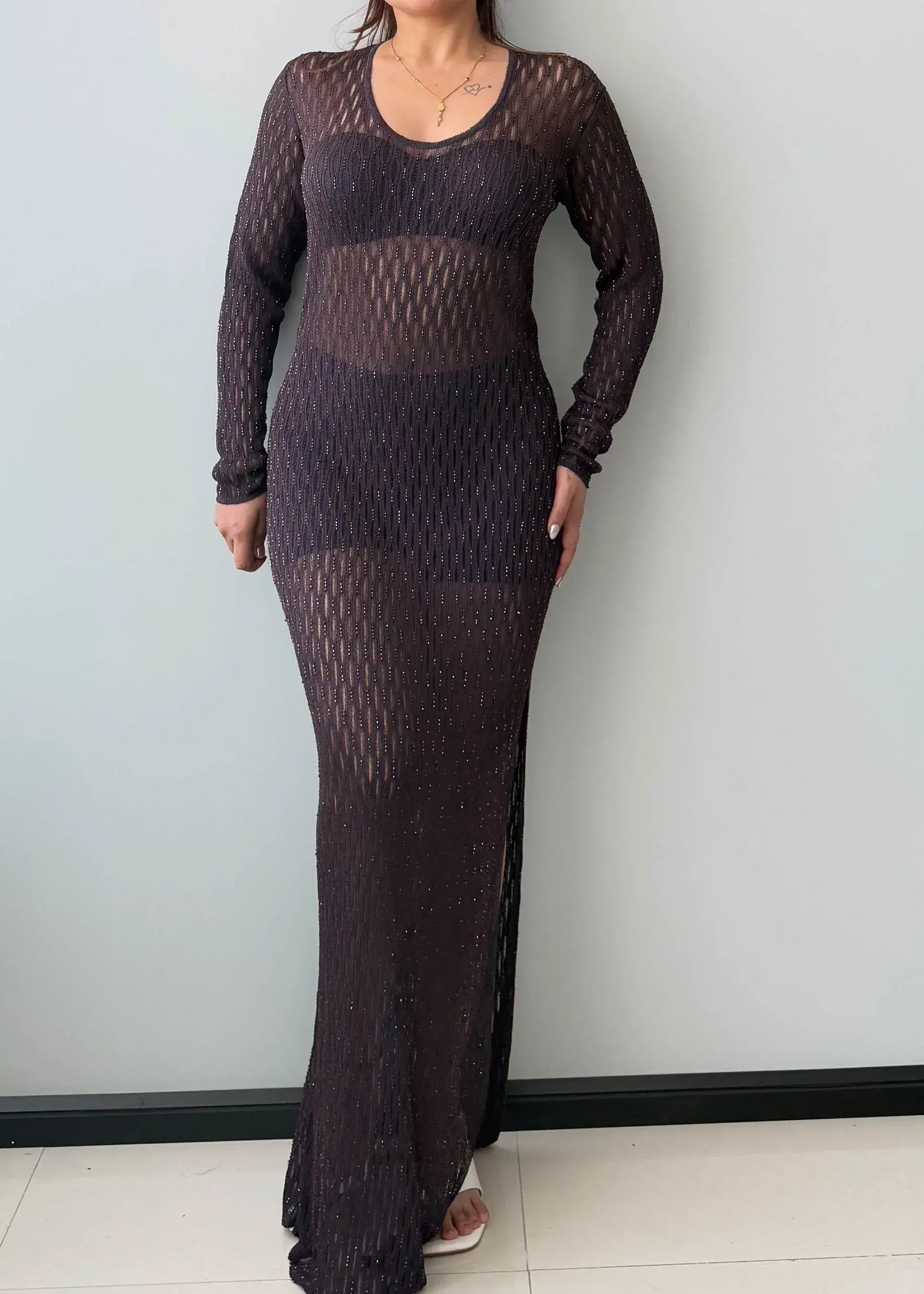 Size M-L, Sheer Knit Long Sleeve Maxi Dress - Closet by Payal