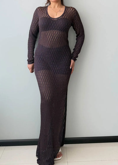 Size M-L, Sheer Knit Long Sleeve Maxi Dress - Closet by Payal