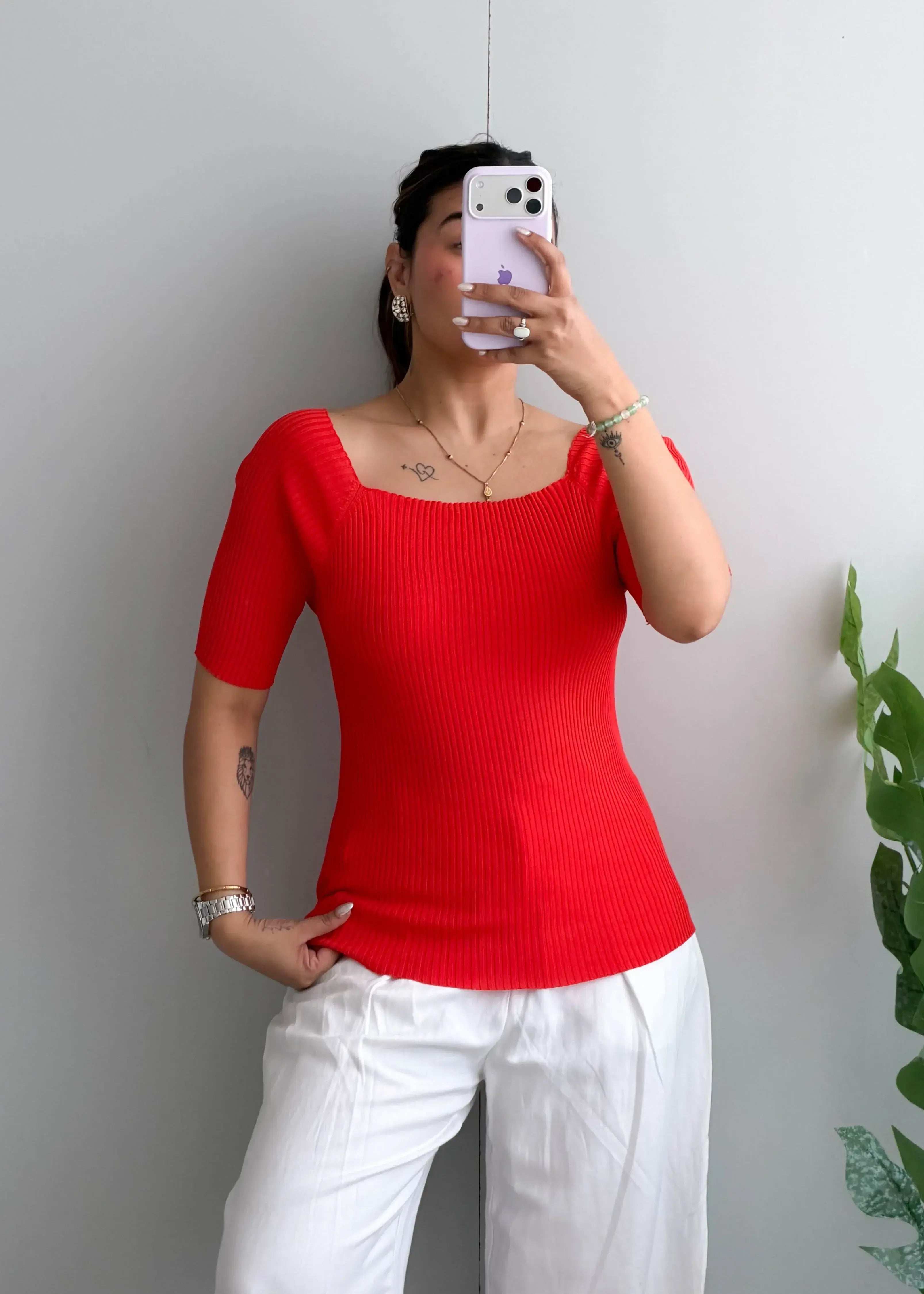 Size M-L, Red Square Neck Ribbed Top - Closet by Payal