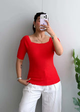 Size M-L, Red Square Neck Ribbed Top - Closet by Payal