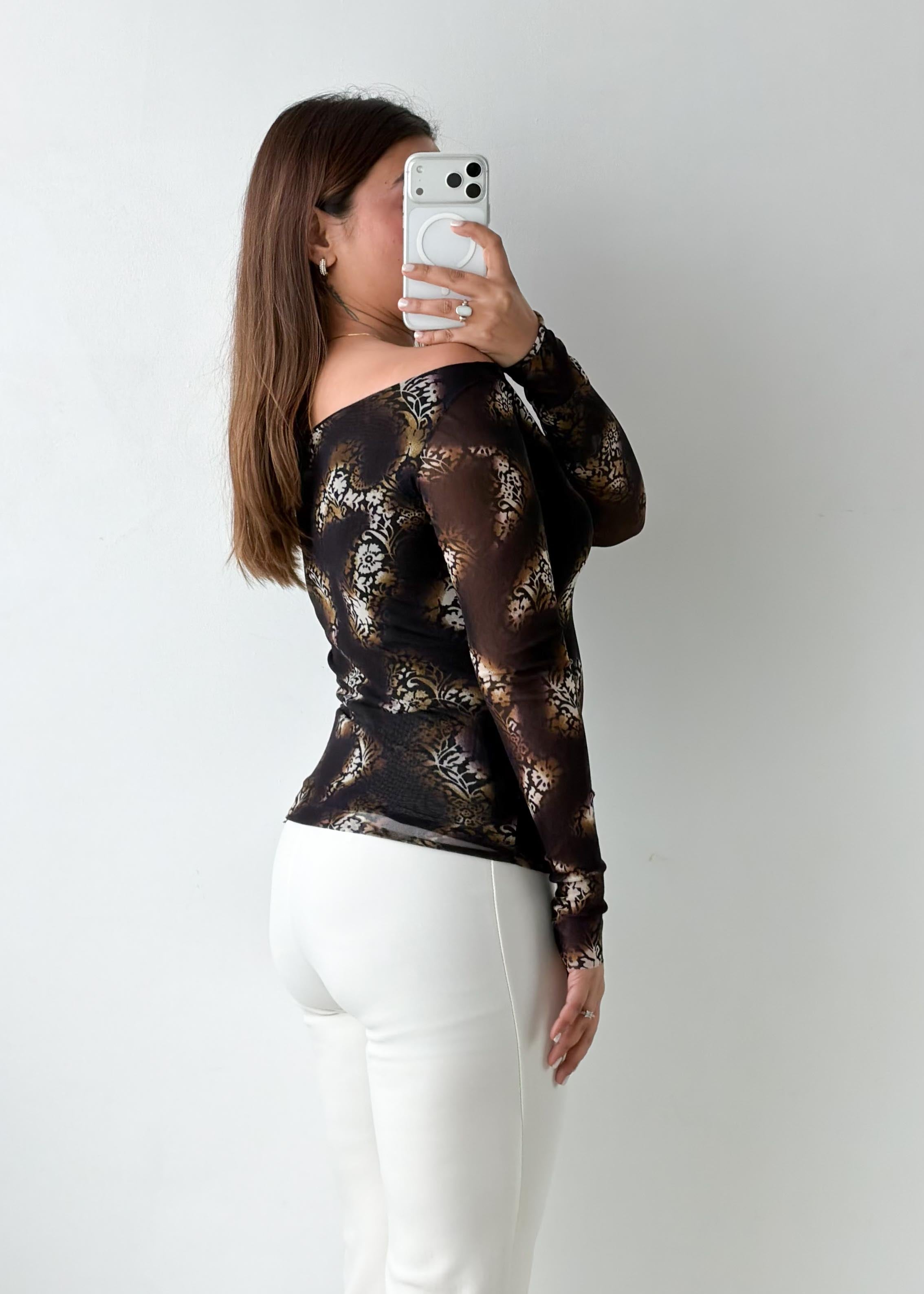 Size S-M Brown Printed Off-Shoulder Mesh Top