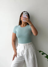 Size XS, Powder Blue Round Neck Half Sleeve Bodysuit