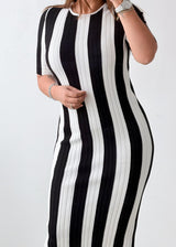 Size M-L Black & White Vertical Stripe Knit Midi Dress