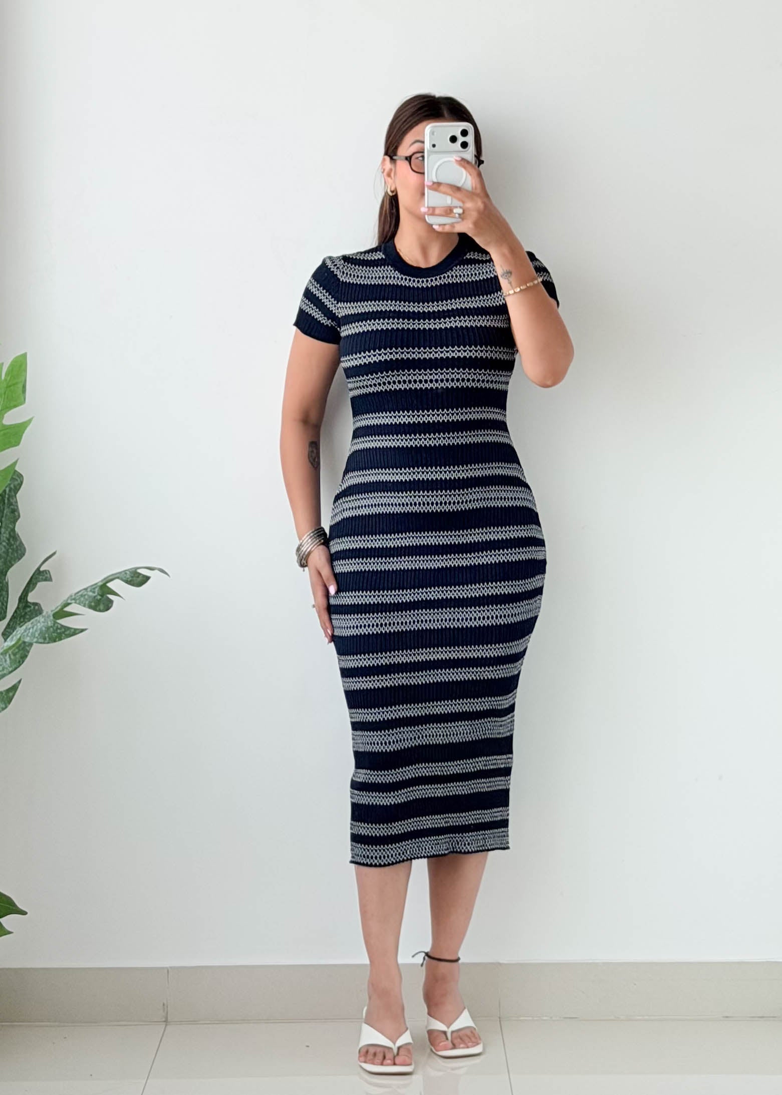 Size XS-S Navy Striped Ribbed Midi Dress