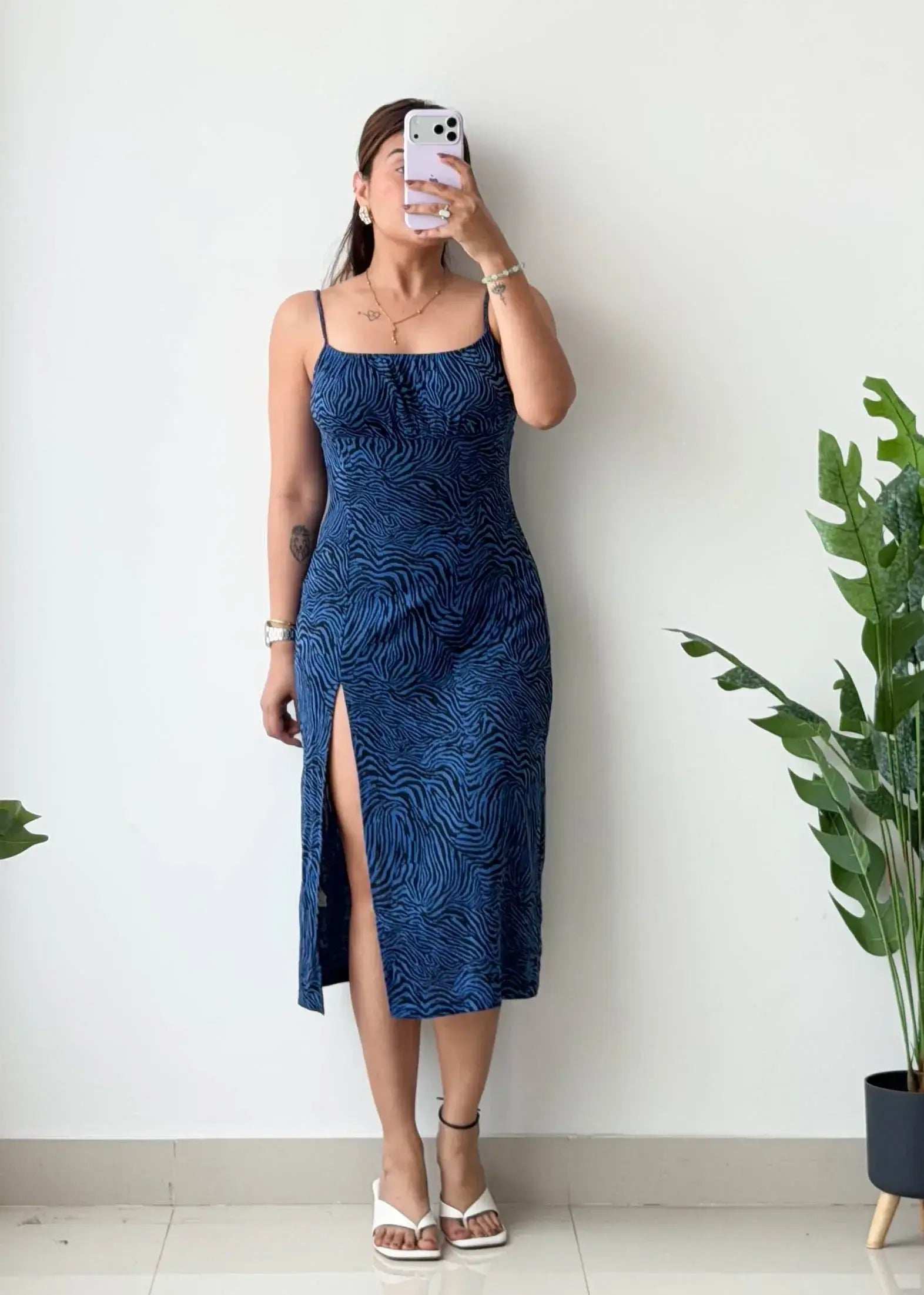 Size S-M, Blue Printed Side Slit Midi Dress - Closet by Payal