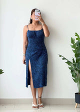 Size S-M, Blue Printed Side Slit Midi Dress - Closet by Payal