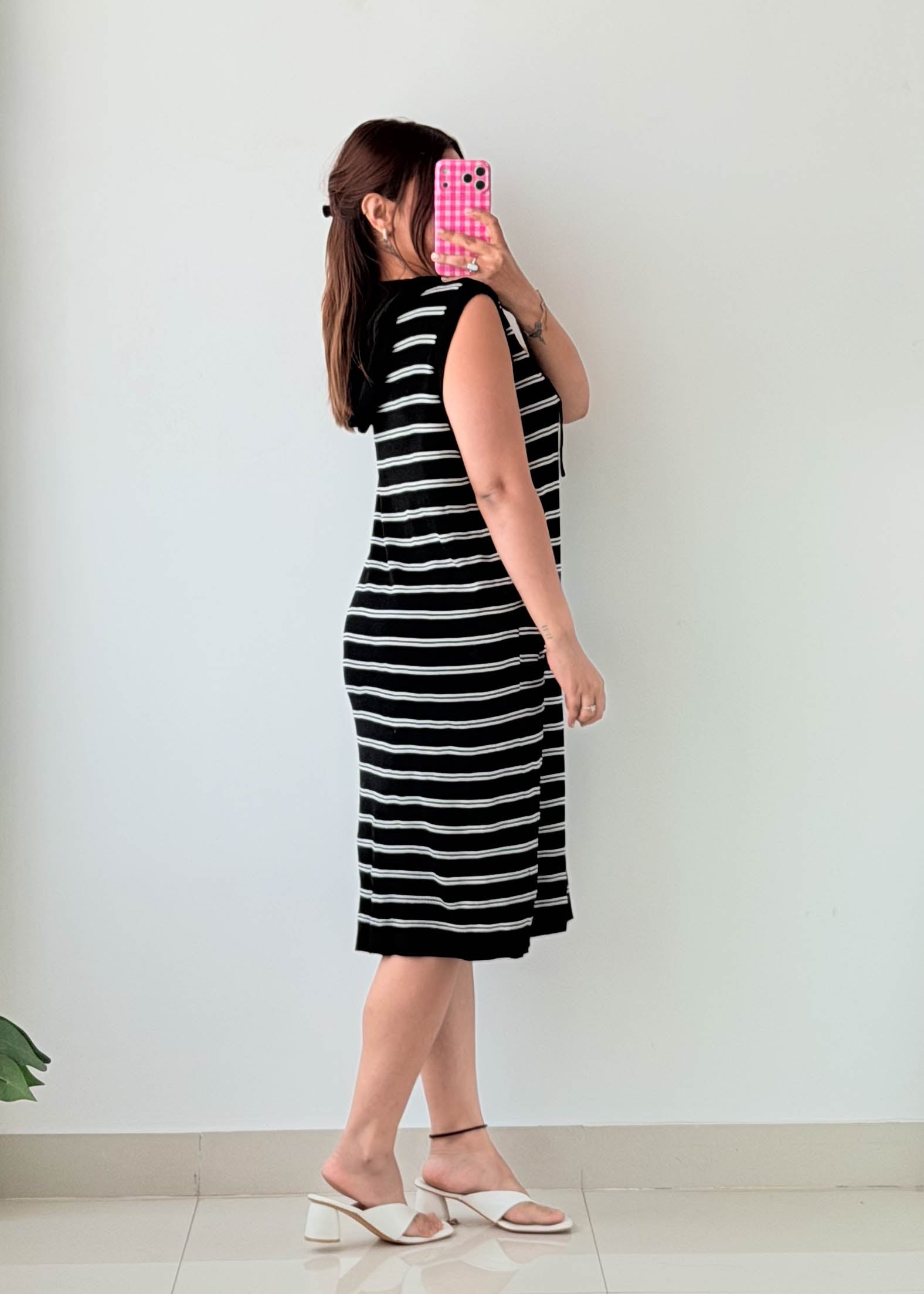 Size M-L Black & White Striped Hooded Dress