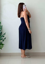 Size S-M Navy Blue Cotton Tie-Up Midi Dress