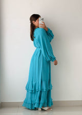 Size M-L Turquoise Chiffon Tiered Maxi Dress