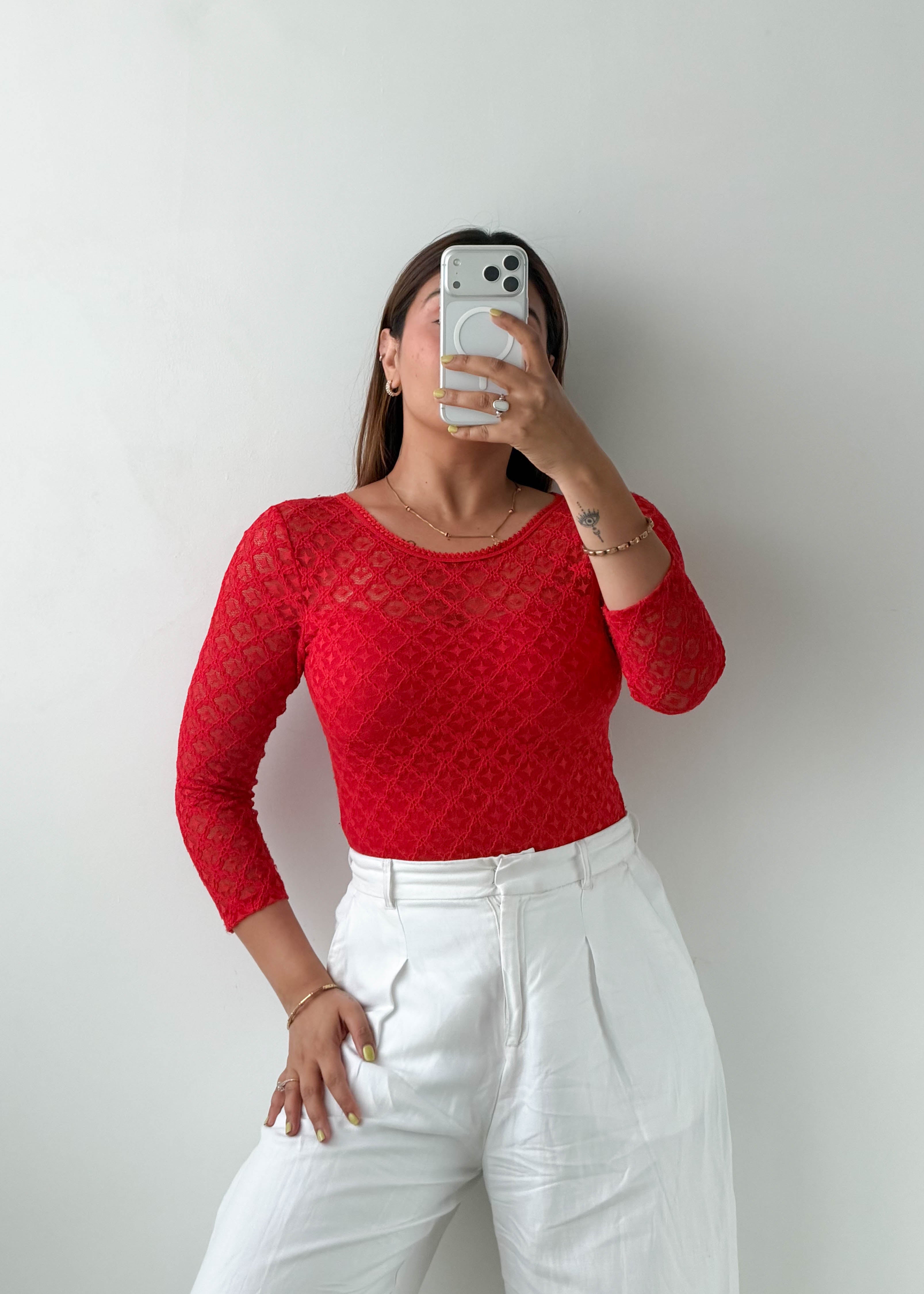Size S-M Red Lace Long Sleeve Bodysuit