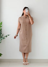 Size M-L Beige Button-Down Shirt Midi Dress