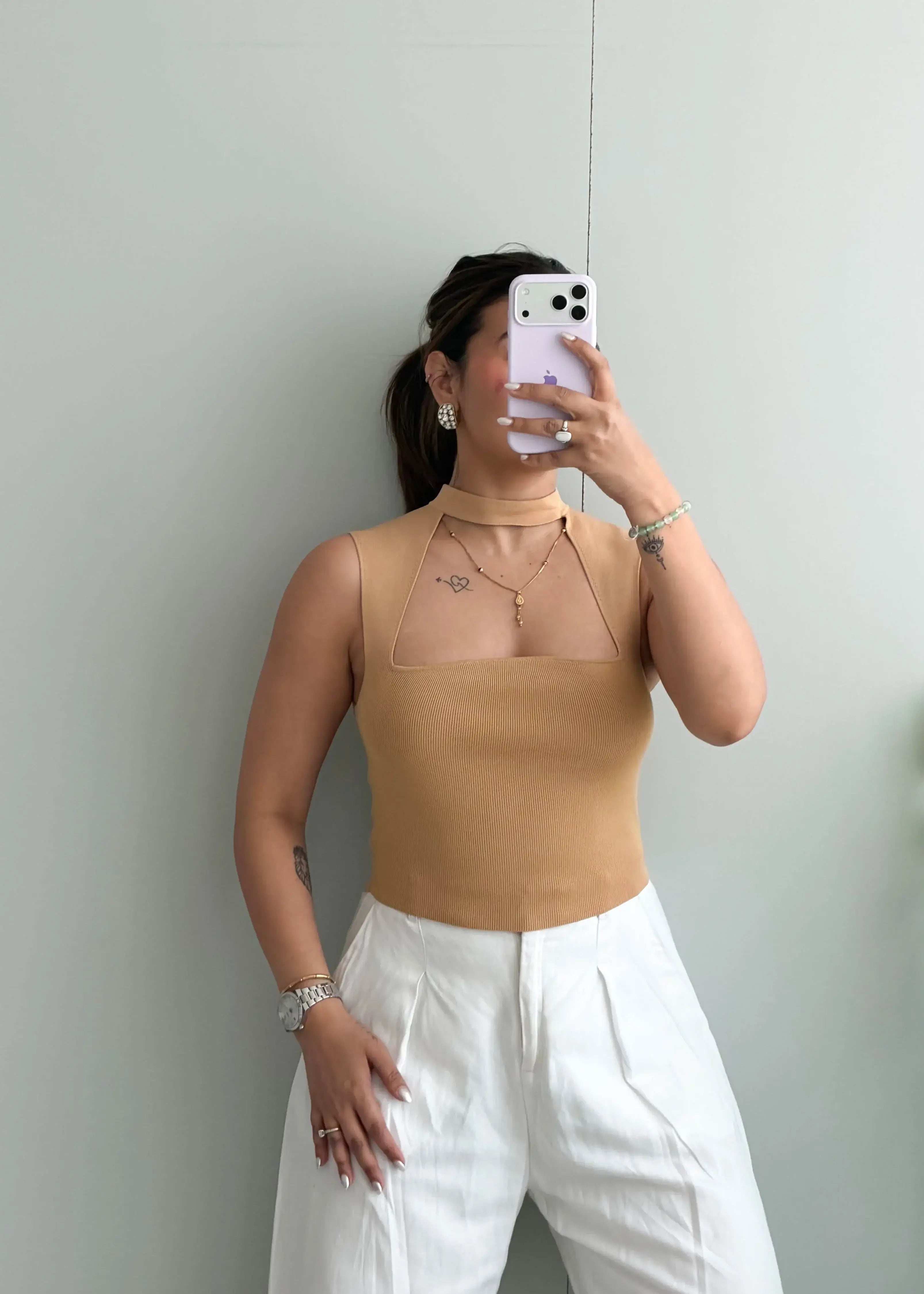 Size XS-S, Beige Square Neck Ribbed Top - Closet by Payal