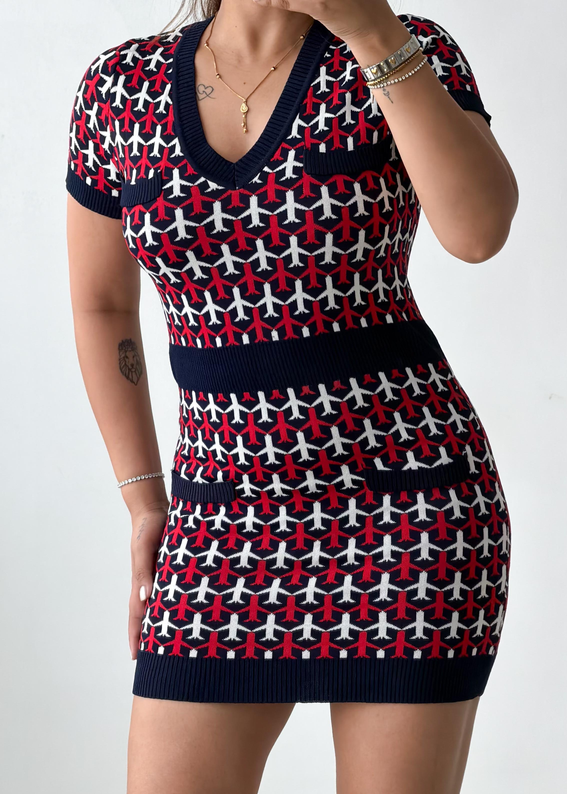 Size S-M Red & Black Geometric Knit Mini Dress