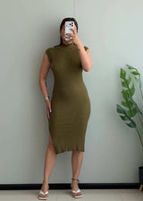 SIZE S-M, Olive Ribbed Sleeveless Midi Dress - Closet by Payal