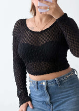 SIZE XS-S, Black Textured Crop Mesh Top