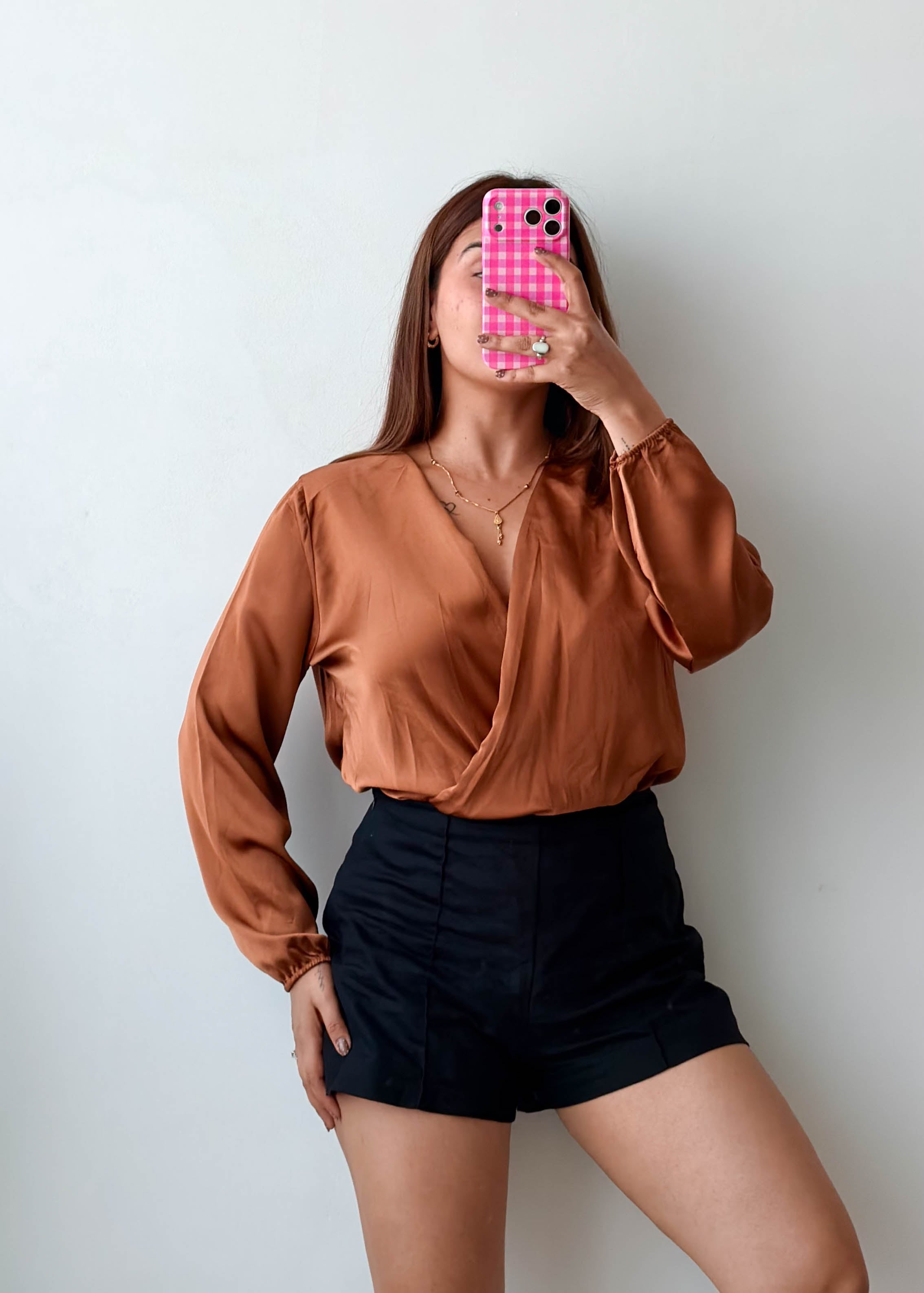 Size S-M Copper Satin Wrap Long Sleeve Bodysuit
