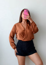 Size S-M Copper Satin Wrap Long Sleeve Bodysuit