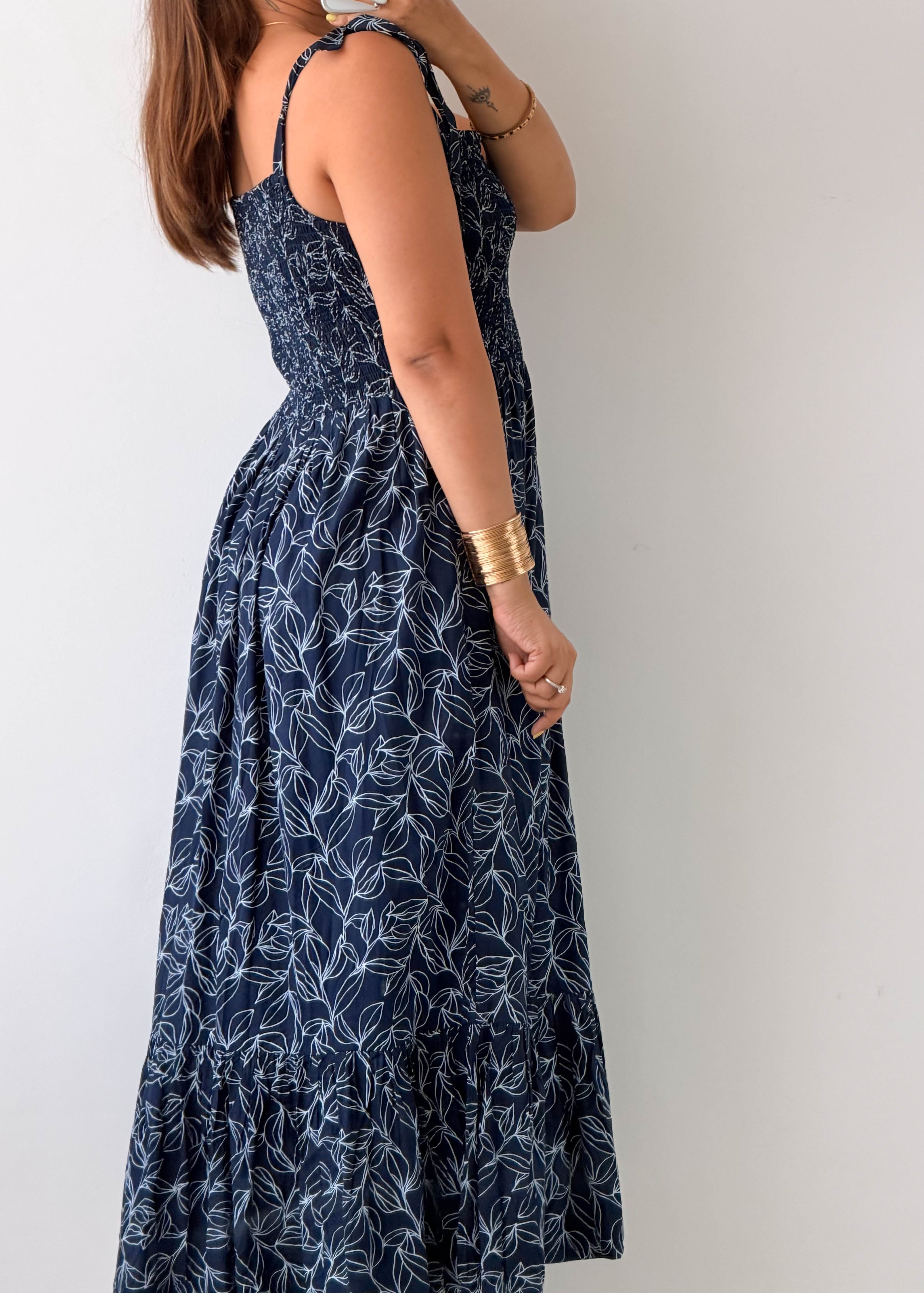 Size M-L Navy Floral Smocked Maxi Dress