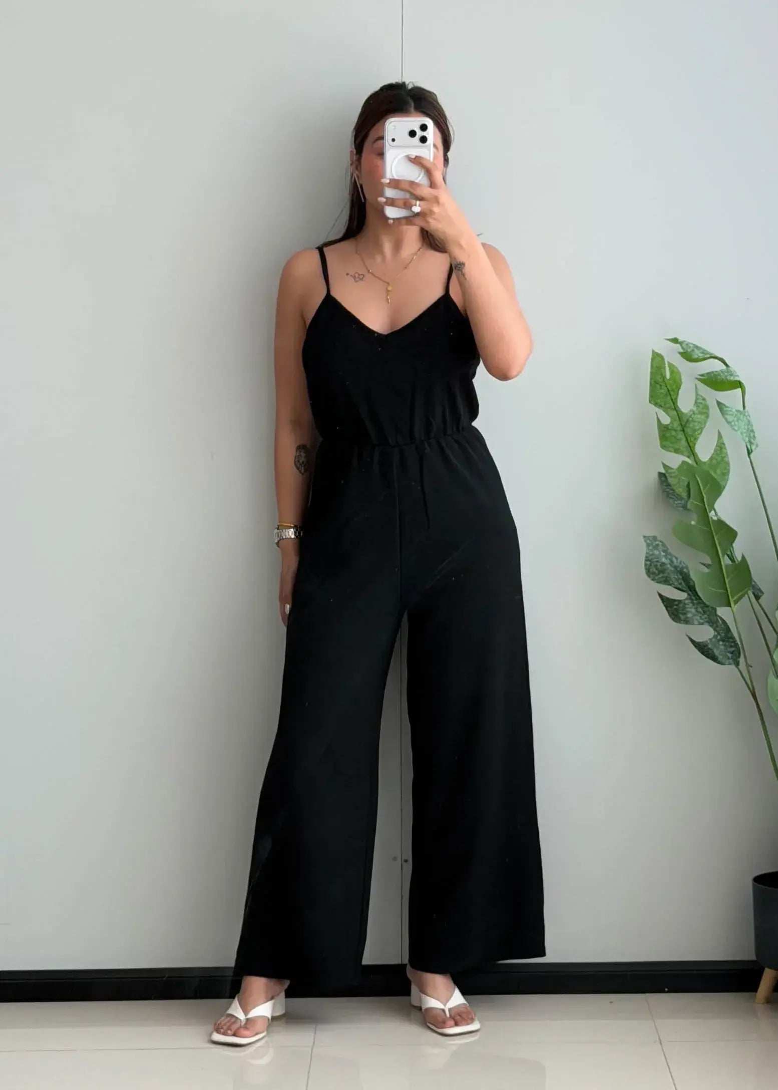SIZE S-M, Black Spaghetti Strap Wide-Leg Jumpsuit. - Closet by Payal