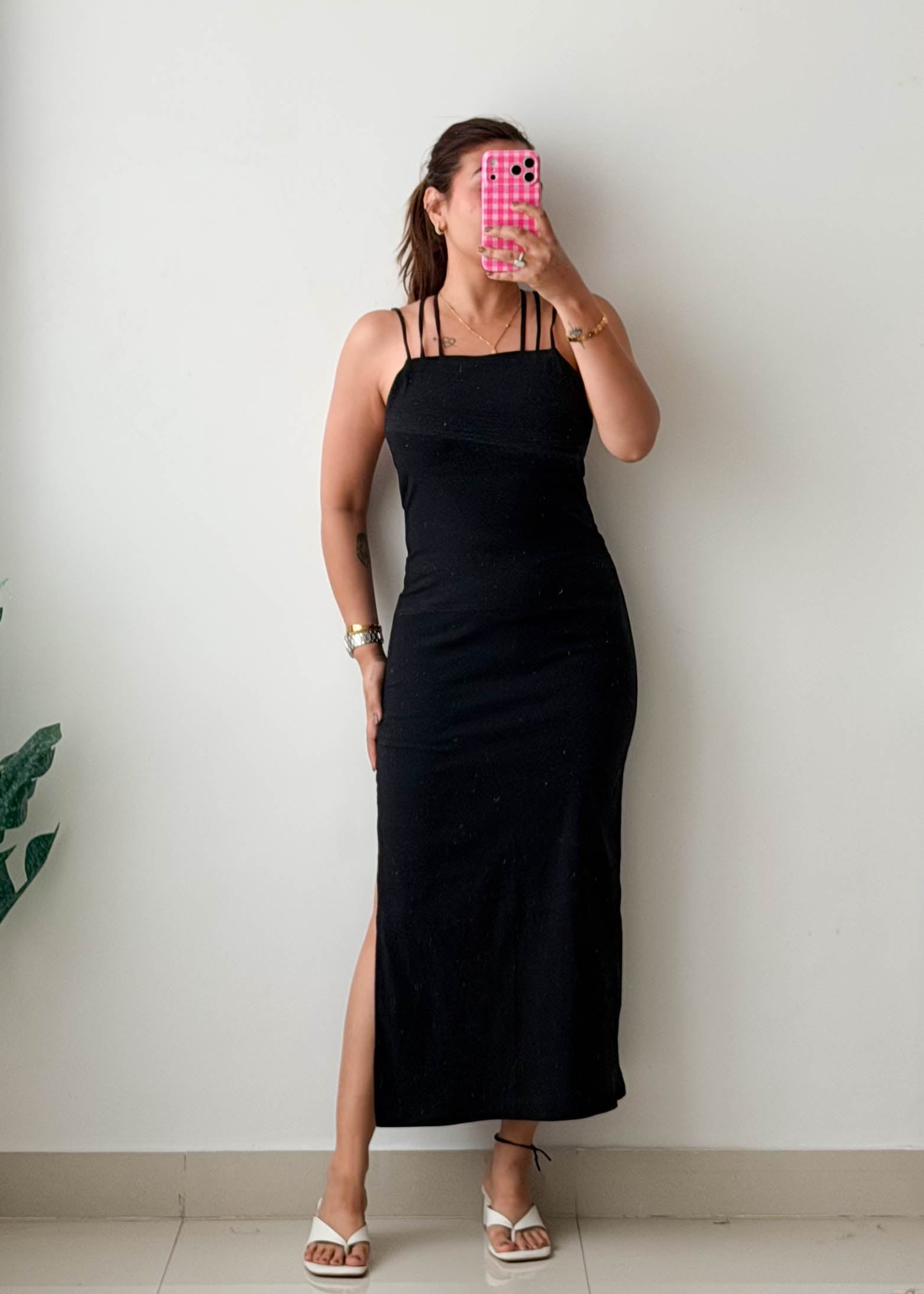 Size S-M Black Strappy Side-Slit Bodycon Maxi Dress