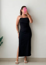 Size S-M Black Strappy Side-Slit Bodycon Maxi Dress