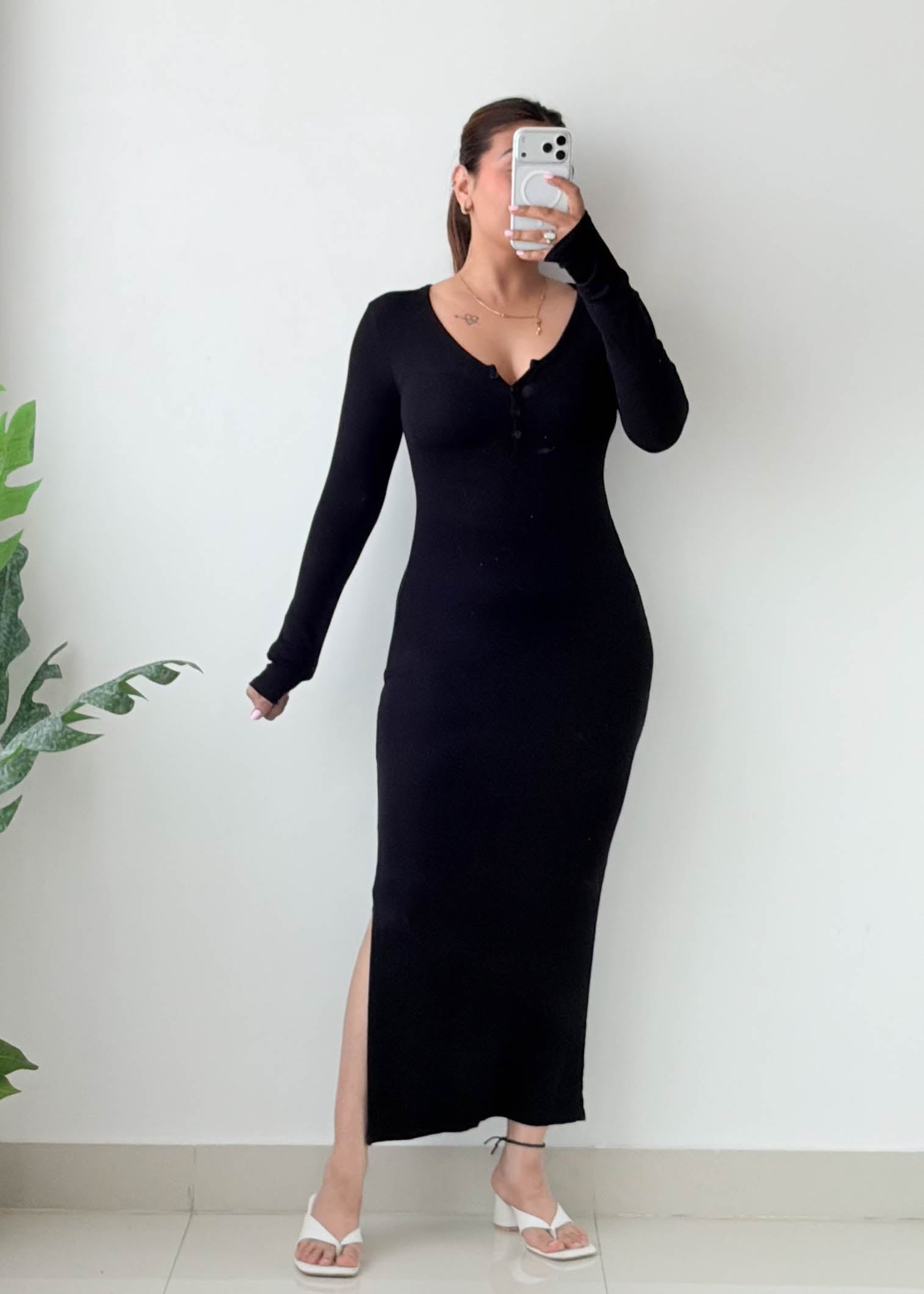 Size XS-S Black Henley Ribbed Maxi Dress