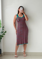 Size S-M Teal & Red Striped Knit Midi Dress