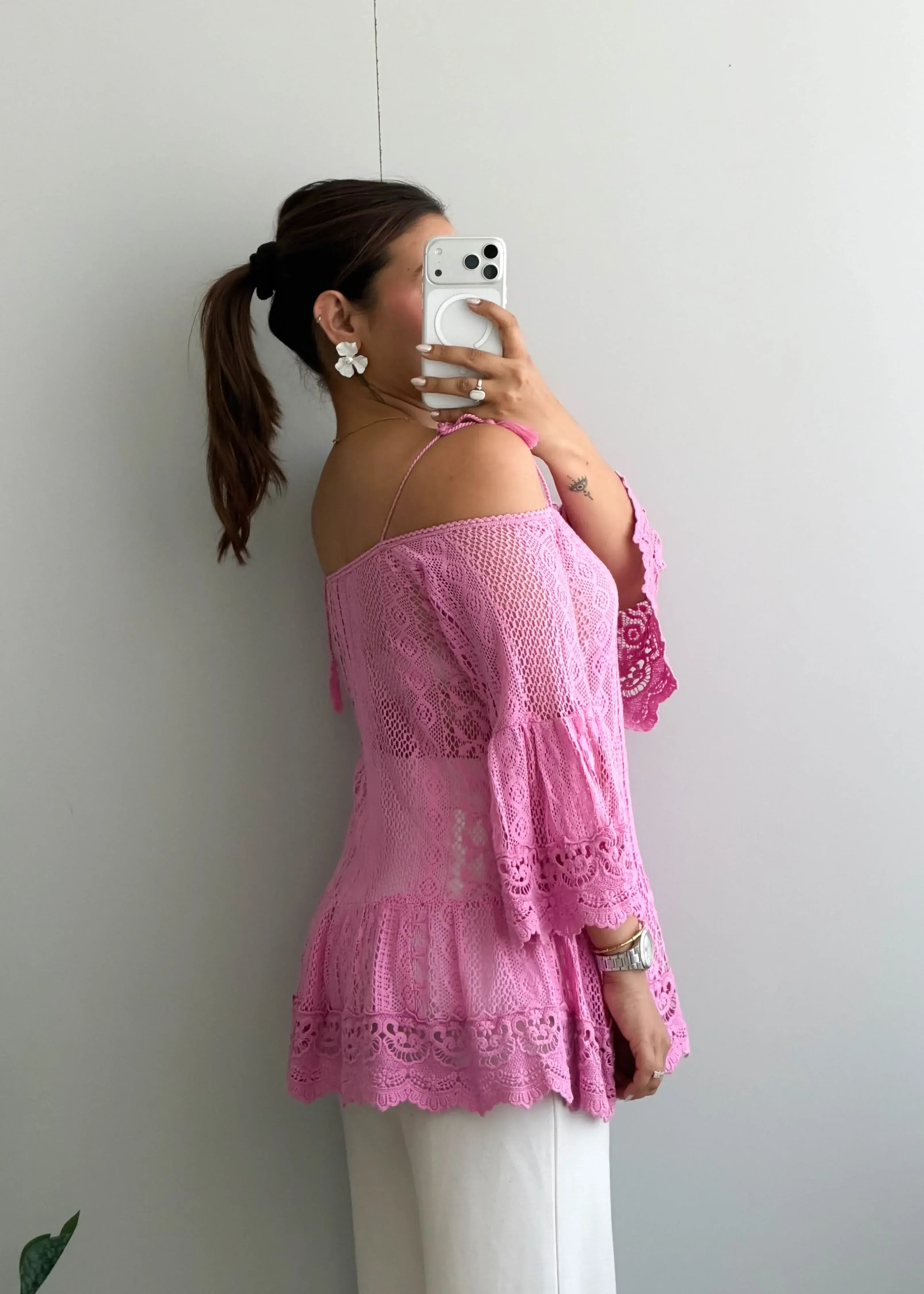 Size S-M, Pink Lace Cold Shoulder Top - Closet by Payal