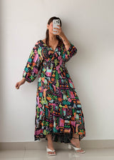 Size XL-XXL Black Abstract Printed Maxi Dress