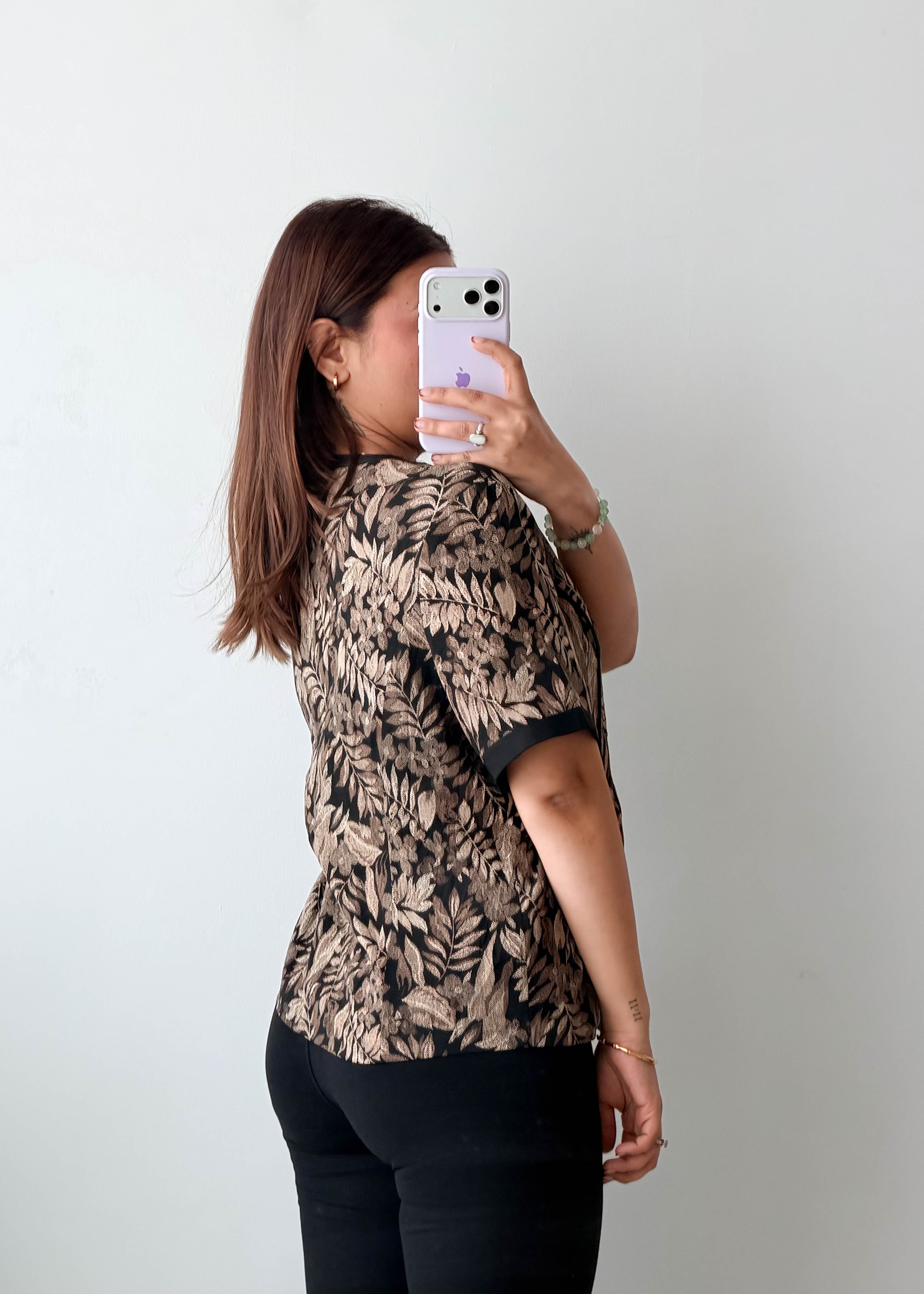 M-L Brown Leaf Printed Top