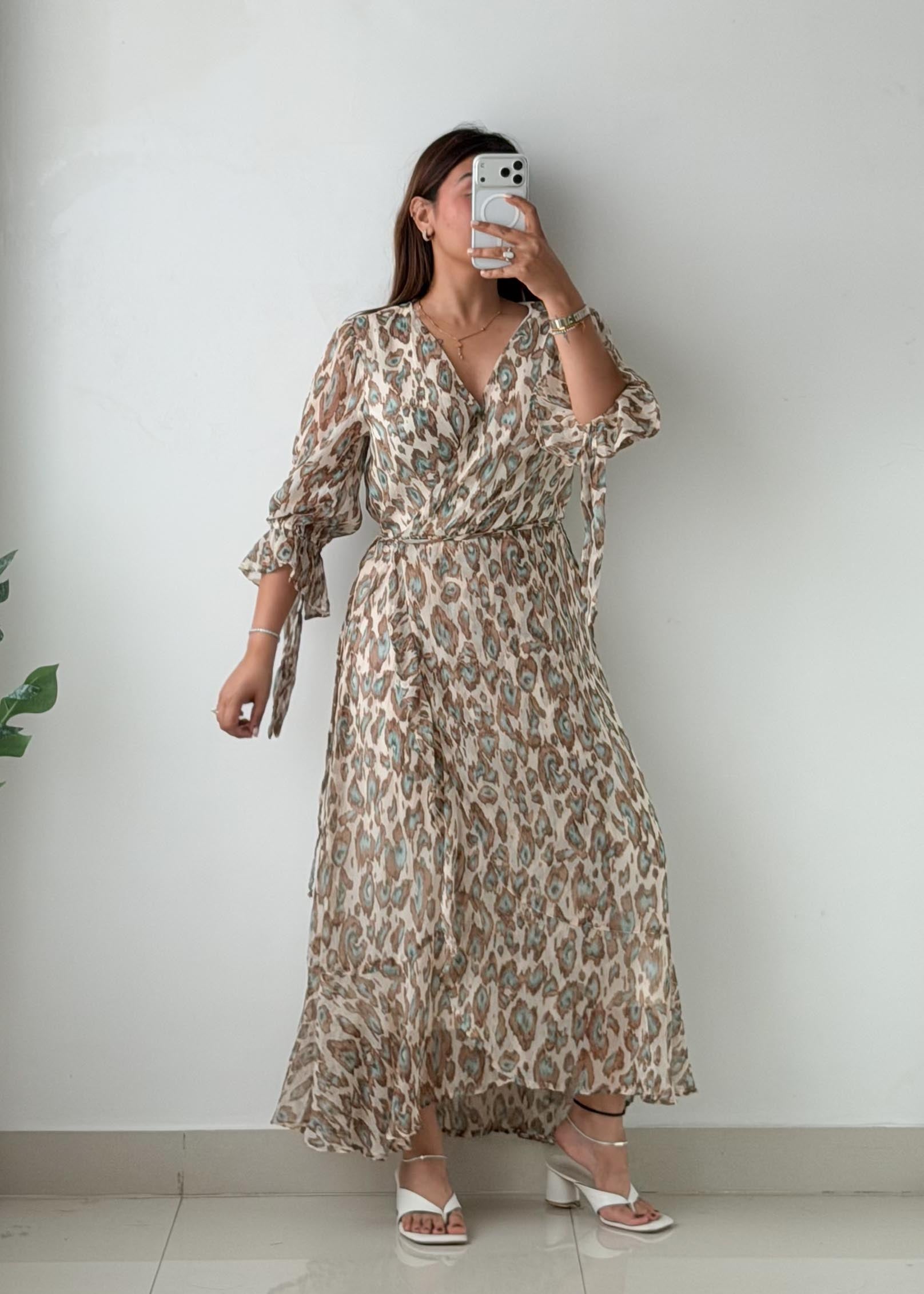 Size S-M Beige Printed Wrap Maxi Dress